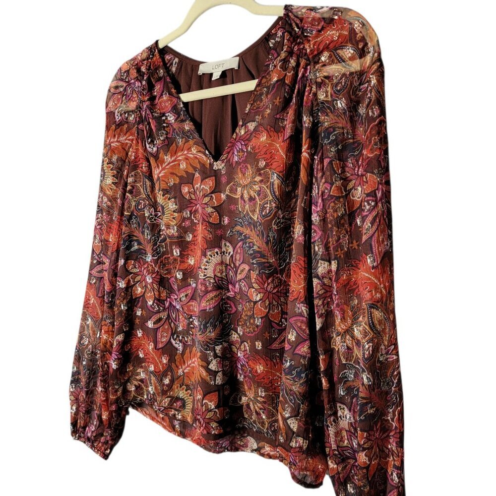 LOFT Womens Multicolor Floral Paisley Shimmer Clip Boho Office Work Top Small - Picture 2 of 10